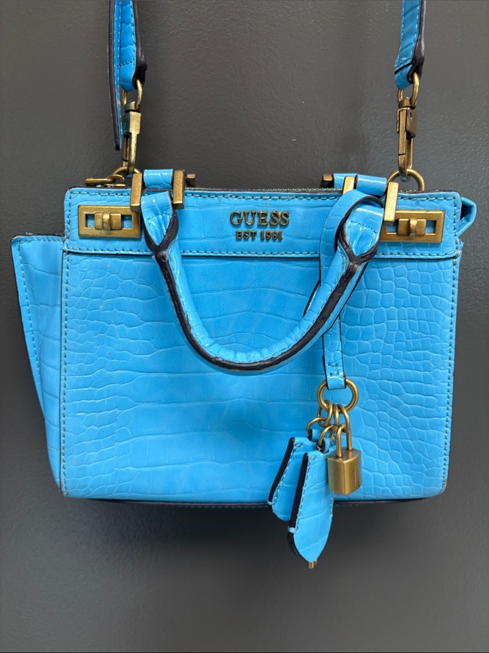 GUESS Bright Blue Croc-Embossed Mini Satchel with Gold Hardware